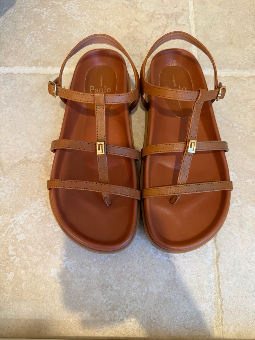 Paolo Tan Strappy Toe-Ring Sandals with Gold Accent